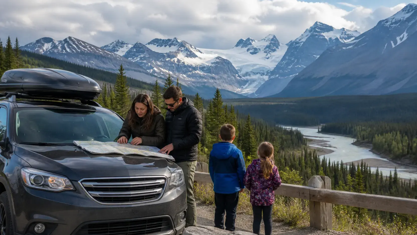 A family reviewing a map beside a parked vehicle at a safe Canadian Rockies pullout