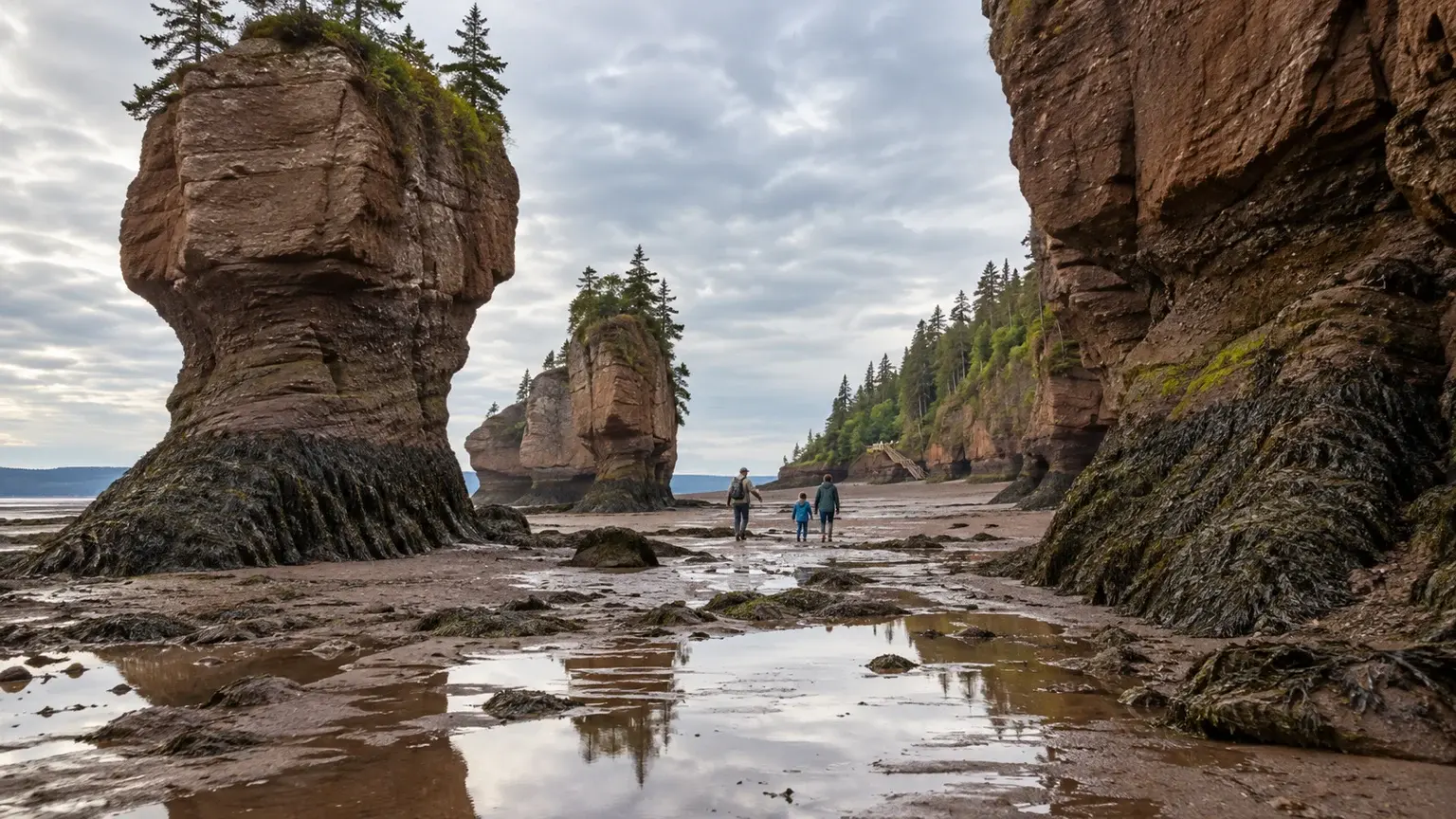 A family explores the permitted ocean floor below red Fundy sea stacks at low tide