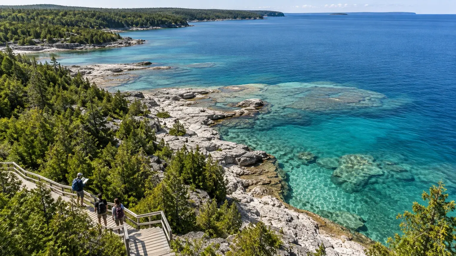 An elevated view of clear Georgian Bay water, pale rock shoreline and visitors using a designated boardwalk