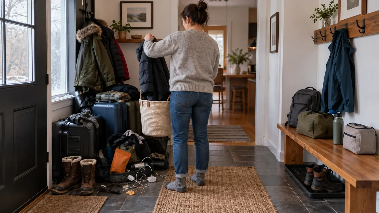 A home entryway shows a cluttered packing pile beside a smaller organised road-trip staging area