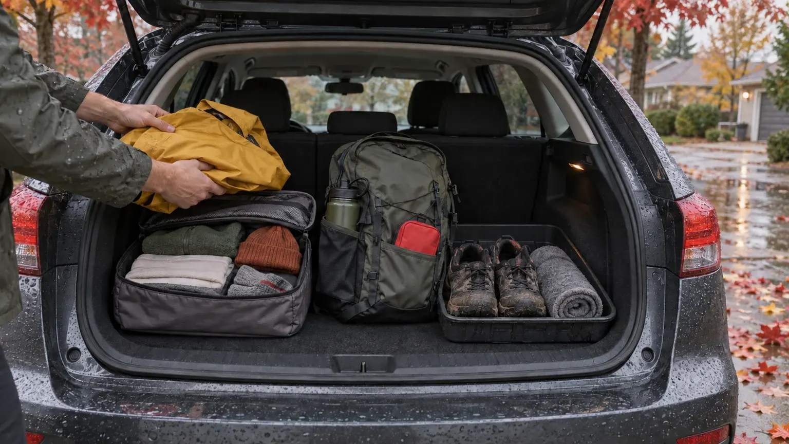 An open car trunk organised into dry layers, wet-weather gear and an accessible day bag before a shoulder-season road trip