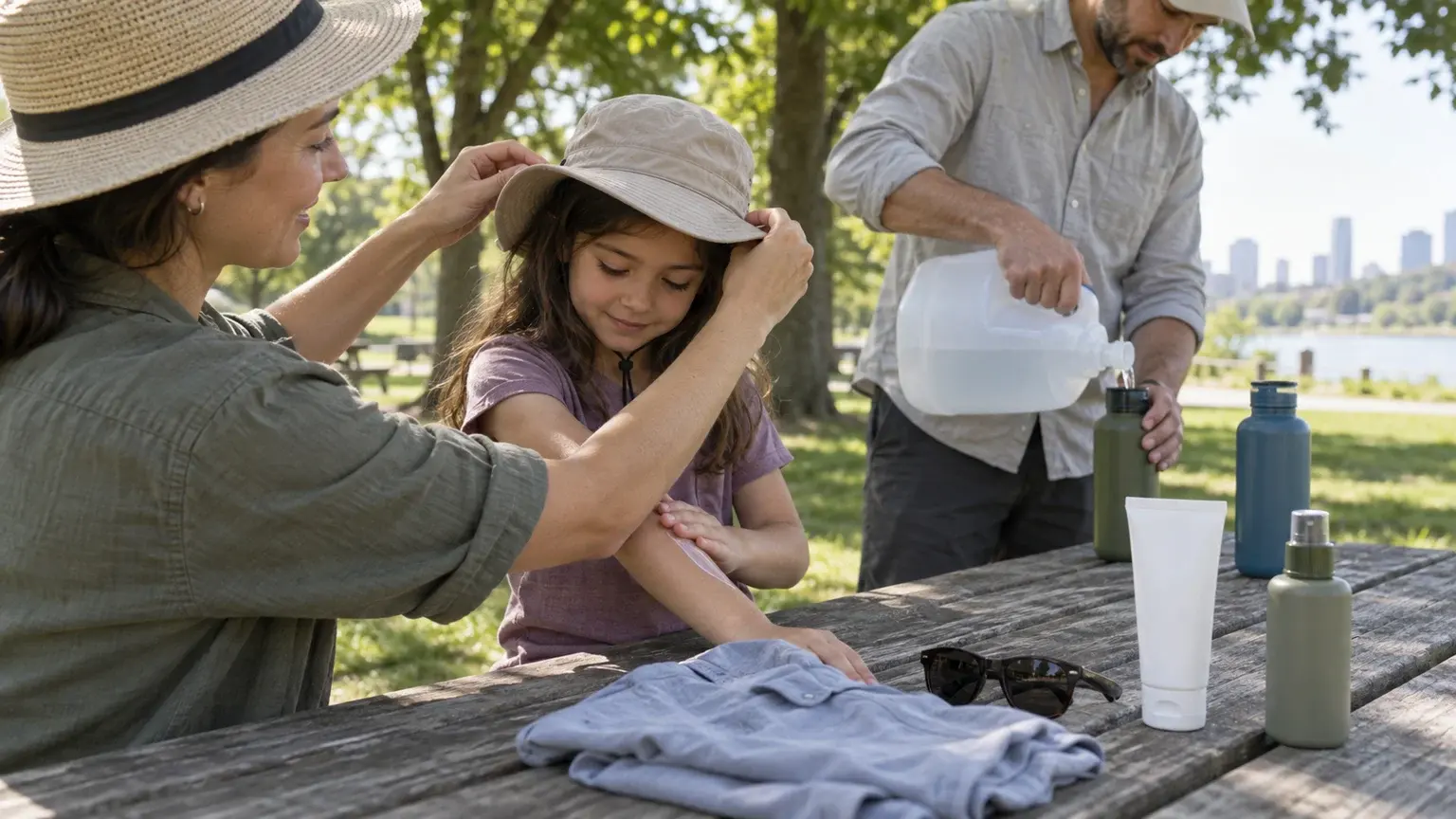 A family prepares sun hats, water, long sleeves and plain sunscreen and insect-repellent bottles at a shaded park table