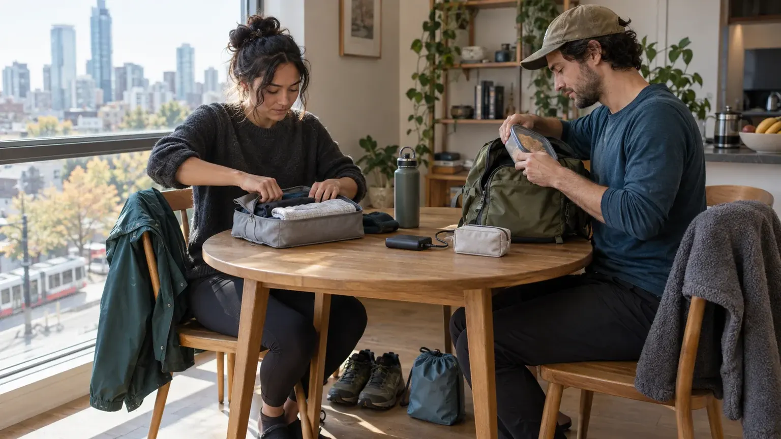 Two people pack a compact day bag at a city apartment table with skyline, weather layers and trail shoes nearby