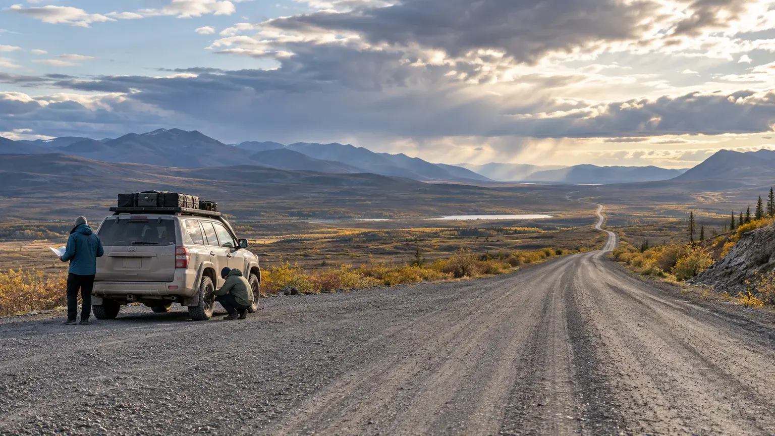 Travel vehicle stopped in a broad gravel pullout on a remote northern road while travellers check route notes