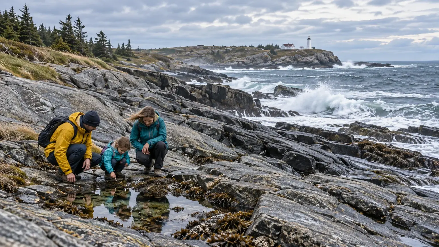 A family studies a tide pool on a rocky Halifax-area shore while waves and headlands fill the distance