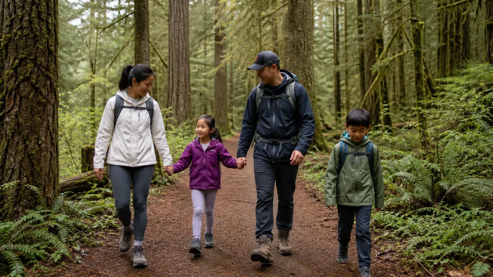 A family walking on a gentle forest trail near Vancouver with light day packs