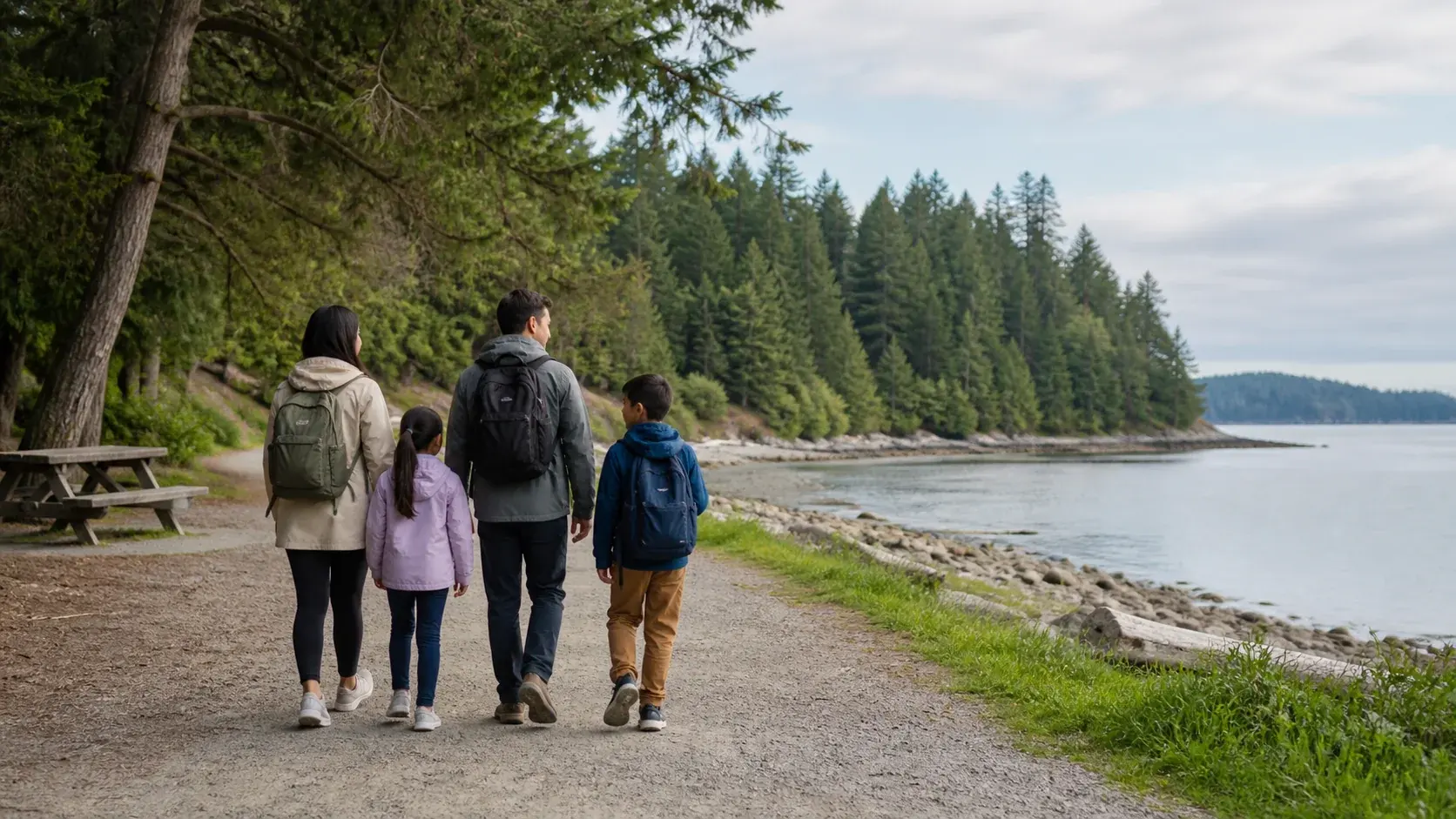 A family choosing between a forest path and a calm waterfront picnic area