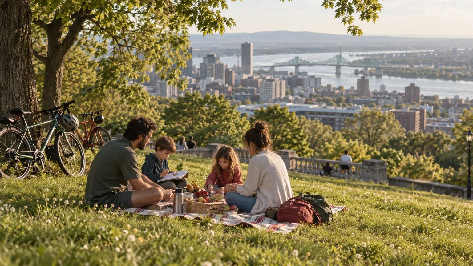 A family picnics and sketches on a Montréal hillside with bicycles and the city beyond