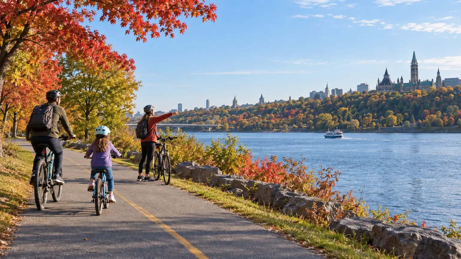 A family pauses with bicycles beside the Ottawa River as autumn trees frame the capital skyline