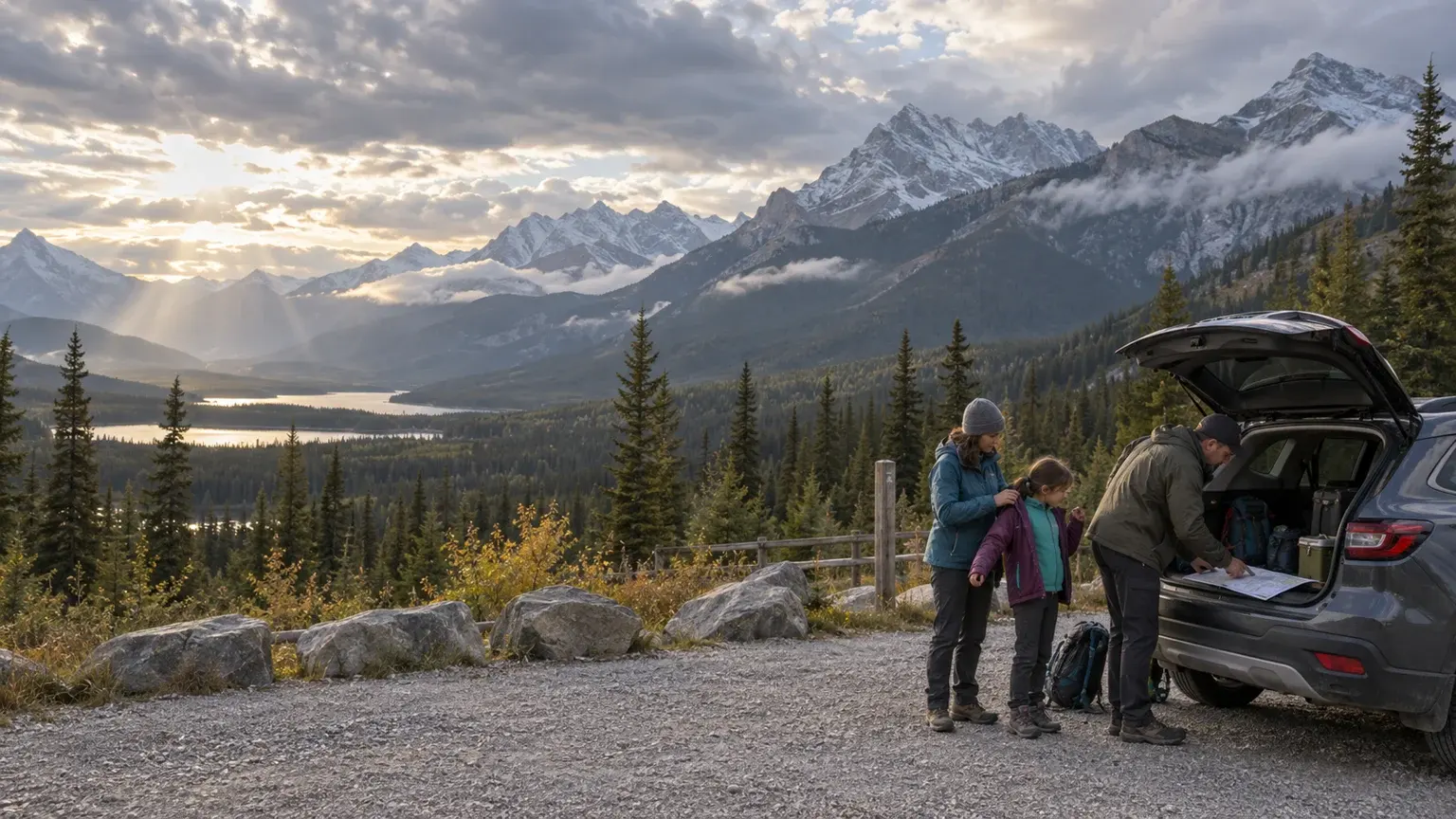 A family studies a route beside their parked car at a Kananaskis trailhead with the Rockies beyond