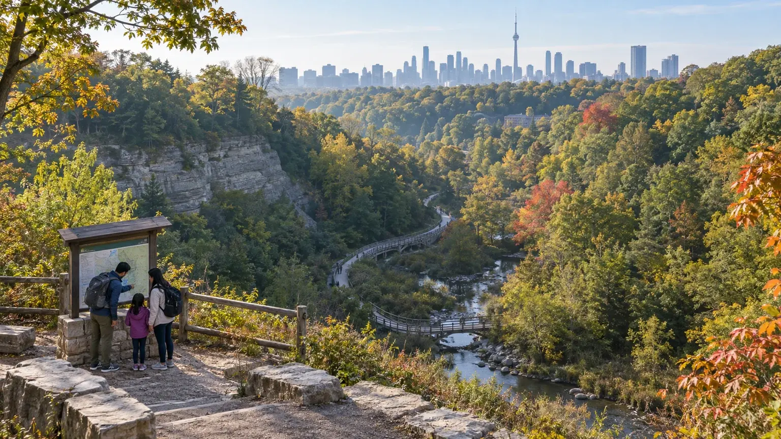 A family checks a trail map above a wooded Toronto ravine with the city skyline beyond