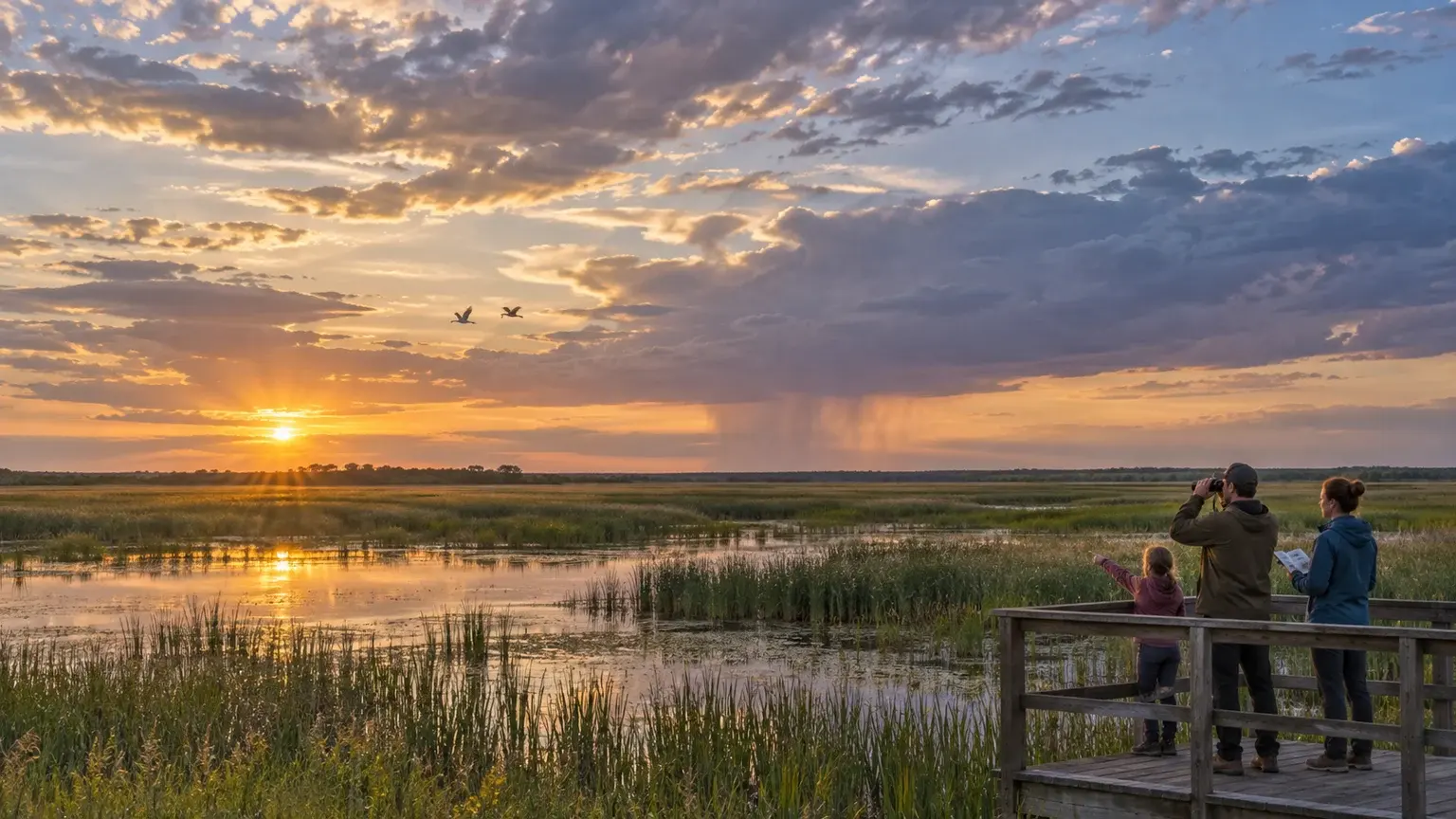 A family watches birds from a prairie wetland platform beneath a wide Manitoba sunset sky