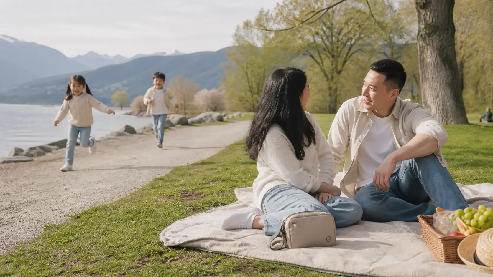 A family picnic beside a calm waterfront path near Vancouver with mountains in the distance