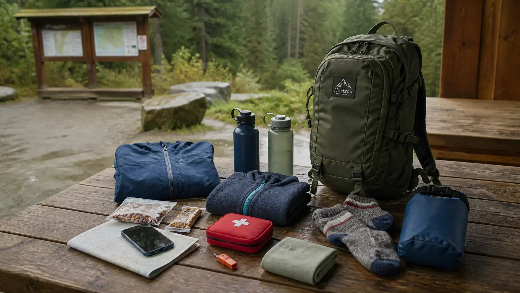 A BC family outdoor day bag arranged with layers, water, snacks and simple safety items at a forest trailhead