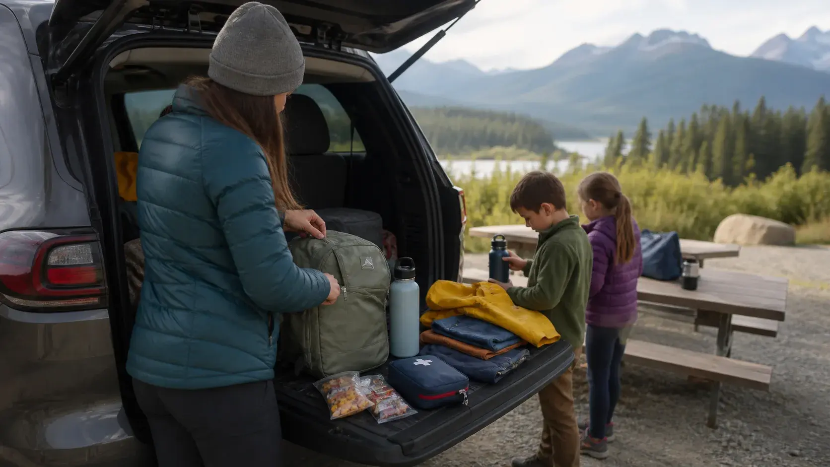 A family packing water, snacks, layers and a day bag beside a safely parked car at a Canadian roadside picnic area