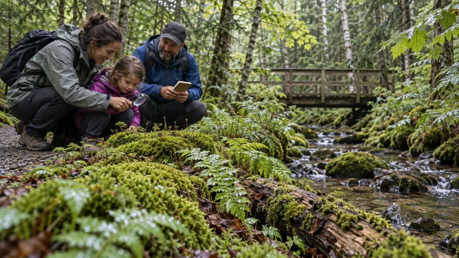 A family uses a magnifying lens to study moss and ferns beside a Fundy forest stream without leaving the trail