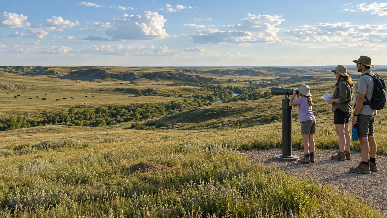 A child uses a fixed spotting scope at a Grasslands lookout while bison remain tiny and distant on the prairie