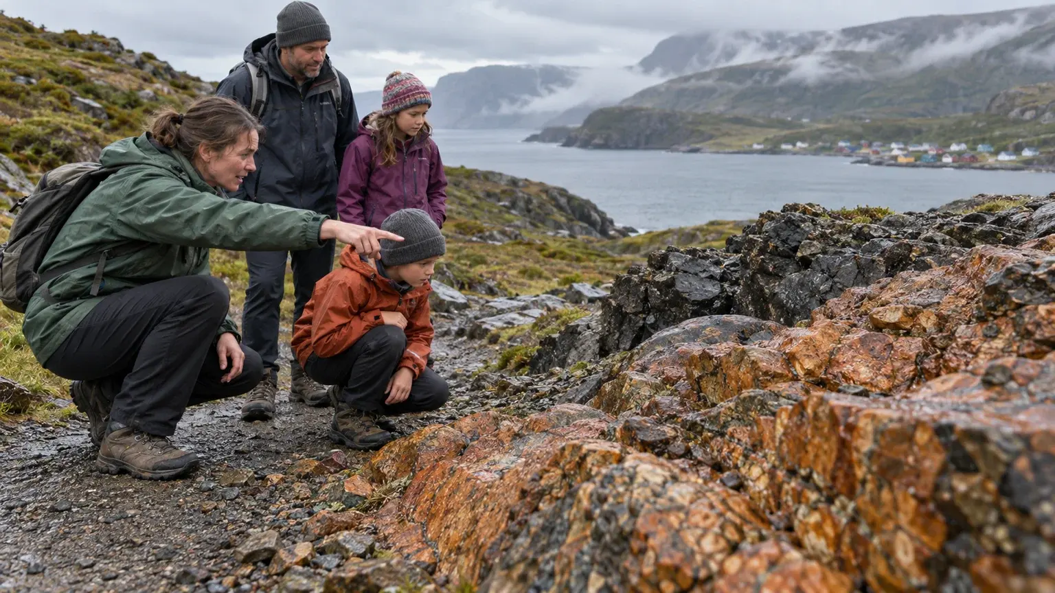 Visitors examine contrasting rocks on a rainy Gros Morne interpretive walk between orange hills and a coastal inlet