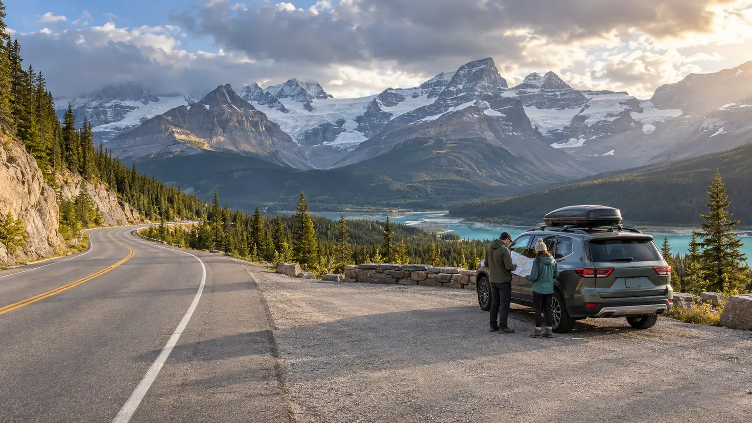 Travel vehicle parked in a safe mountain pullout while travellers review an Icefields Parkway route map