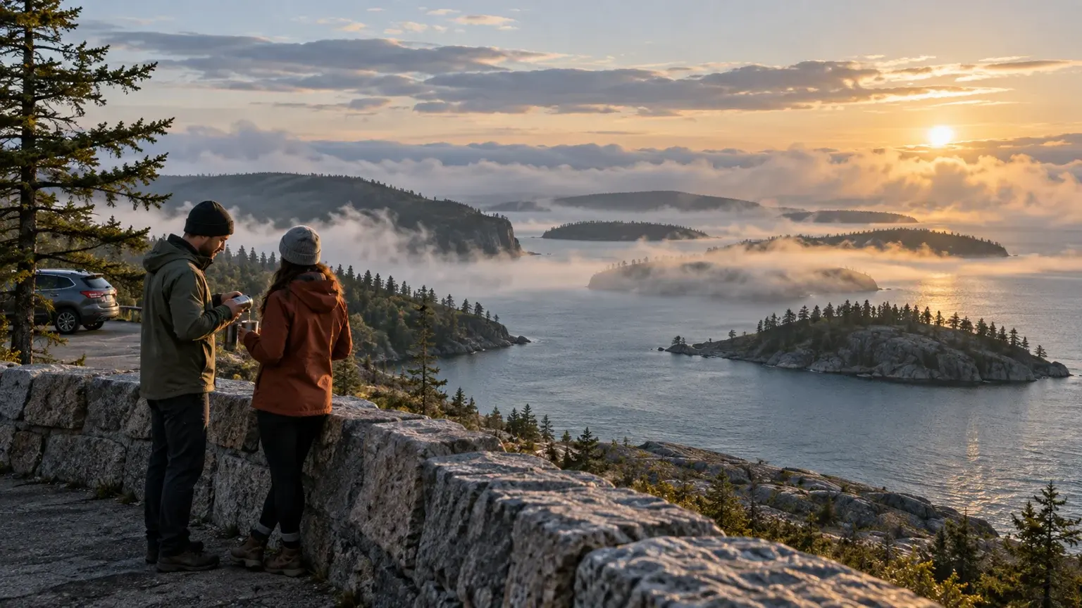 Travellers share a warm drink at a legal Lake Superior overlook as morning mist lifts from the water
