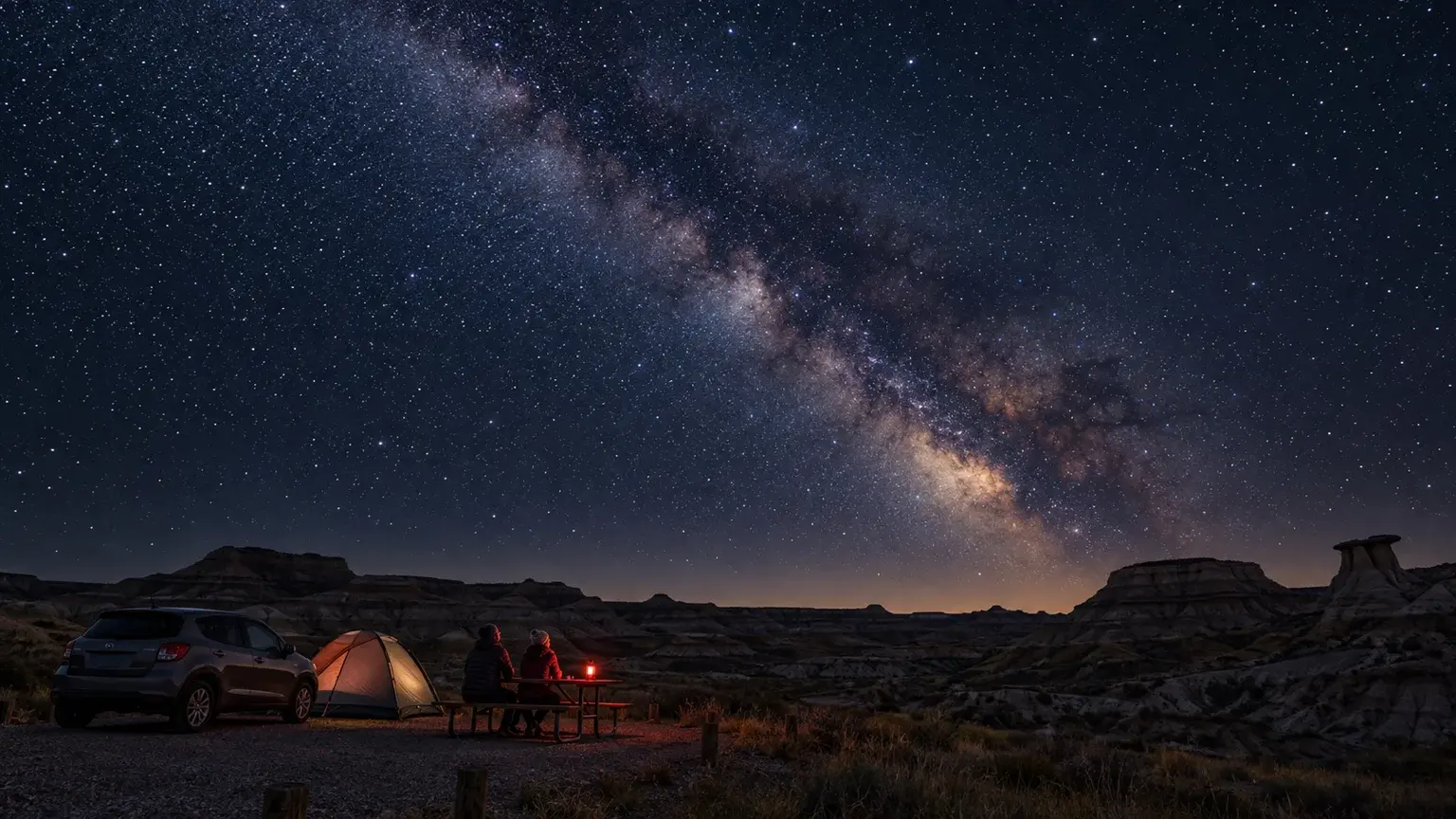 A compact car rests at a designated prairie badlands campground under a wide star-filled sky