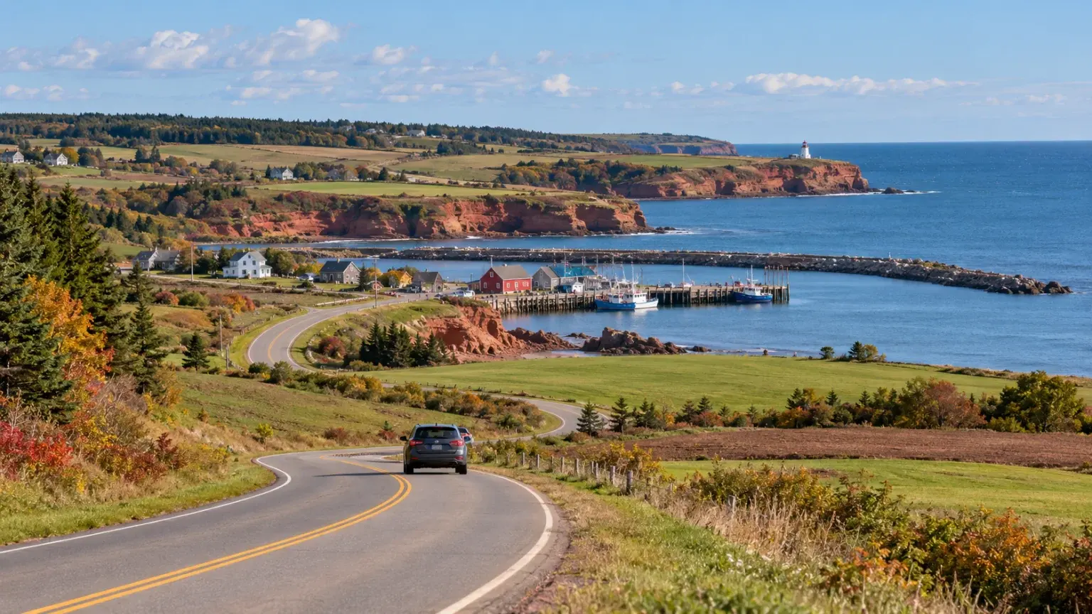 Editorial coastal-road scene with a car approaching a small PEI-style harbour and red sandstone shore