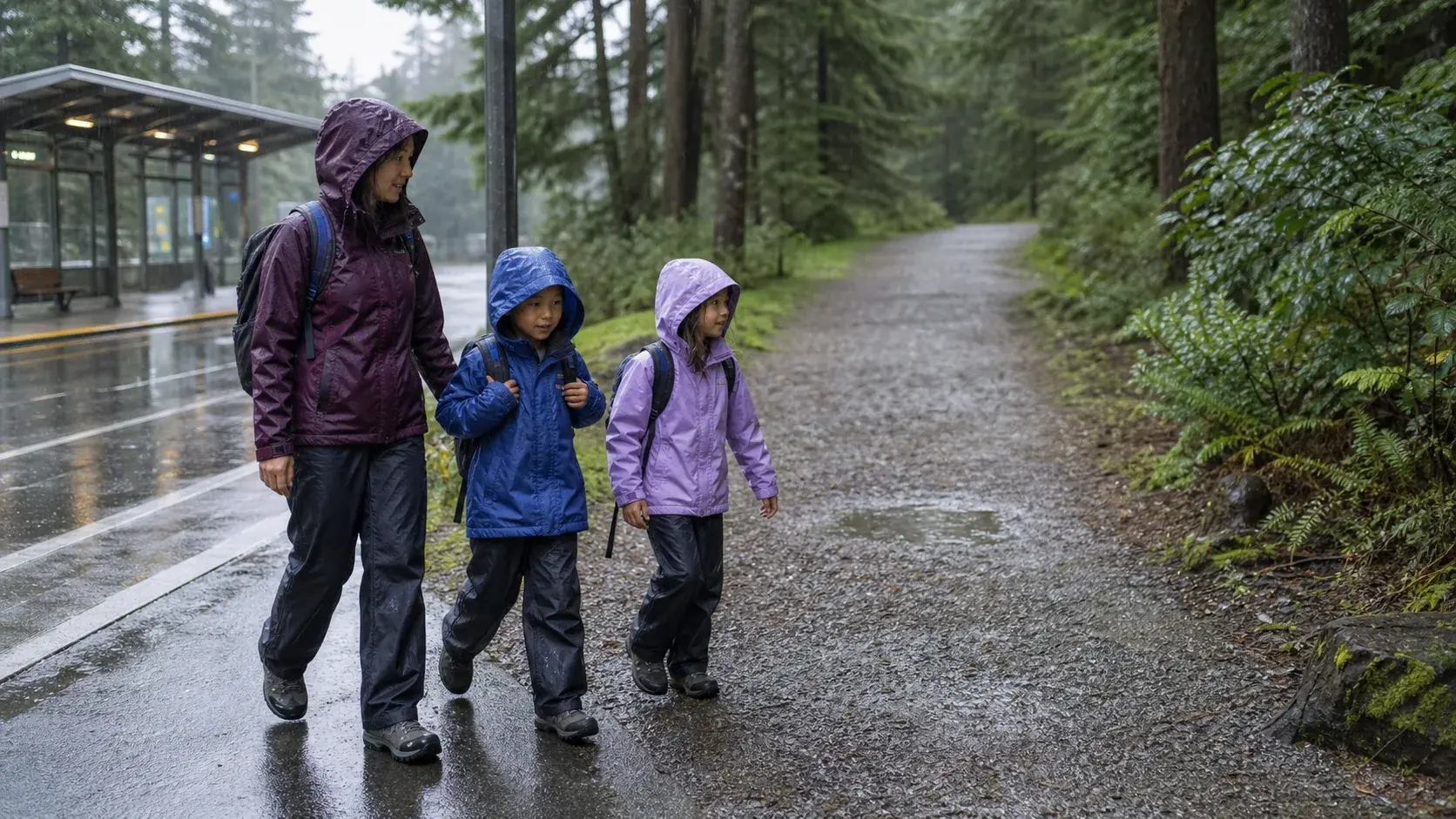 Two walkers in rain shells on a broad Vancouver waterfront path after light rain