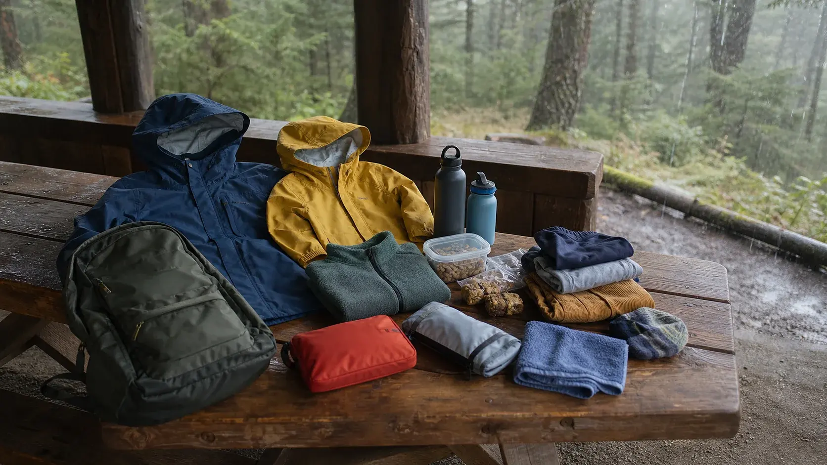 A family arranging rain layers and a day bag beside a sheltered West Coast trailhead