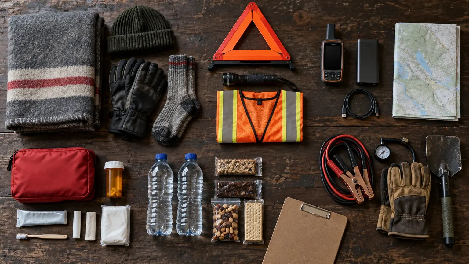 A remote-road emergency kit arranged by warmth, visibility, communication, first aid, water and vehicle tools on a worktable
