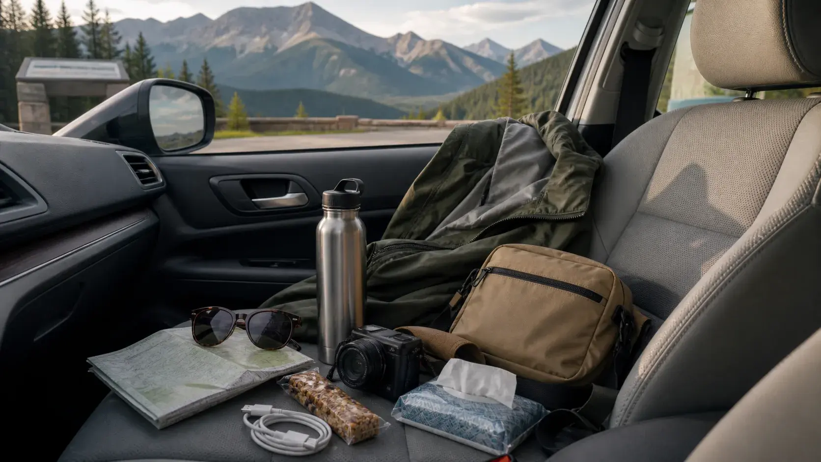 A scenic drive comfort kit with water, sunglasses, jacket, camera, charger and snacks in a parked car at a mountain viewpoint