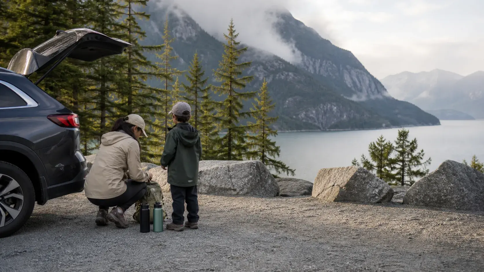 A family arranging a day bag beside a vehicle at a Sea to Sky Highway viewpoint above Howe Sound