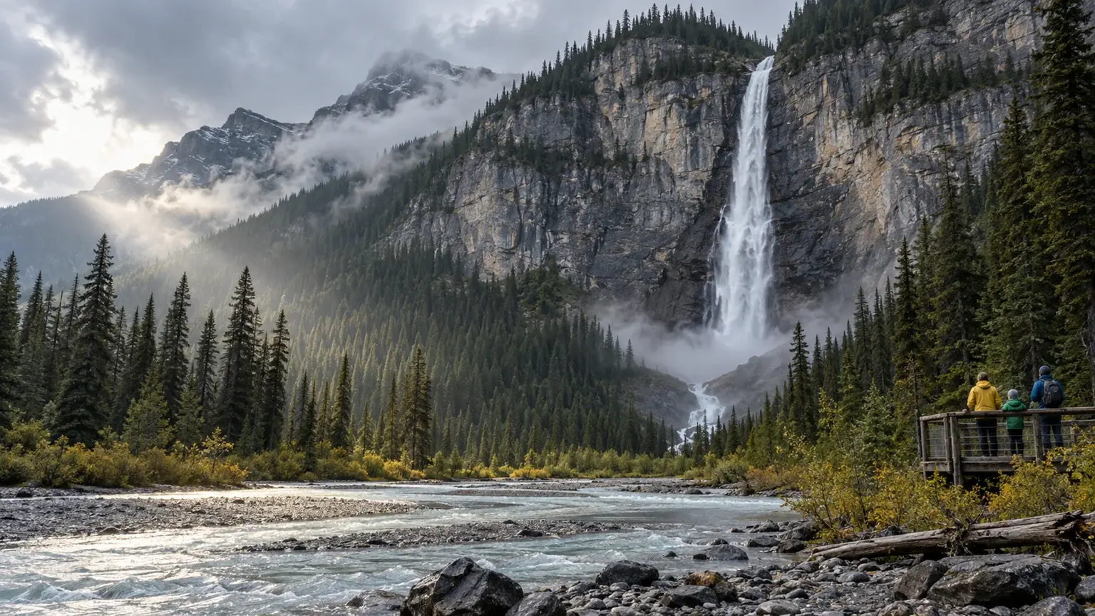 Visitors watch a tall Yoho waterfall from a safe viewing area below forested Rocky Mountain walls