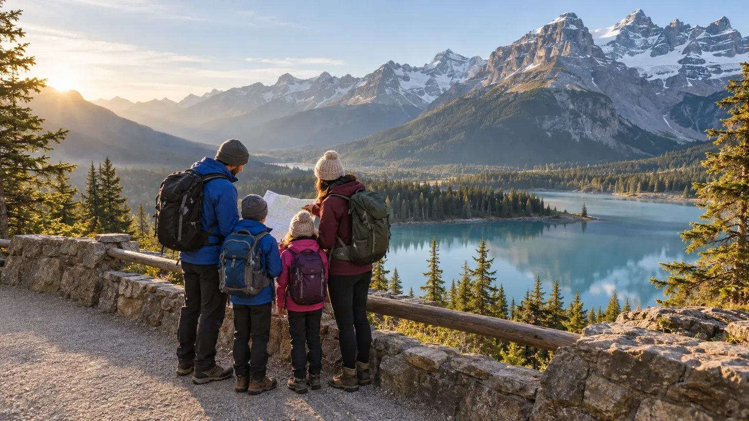 Family reviewing a map from a safe Canadian Rockies overlook before a first Banff visit