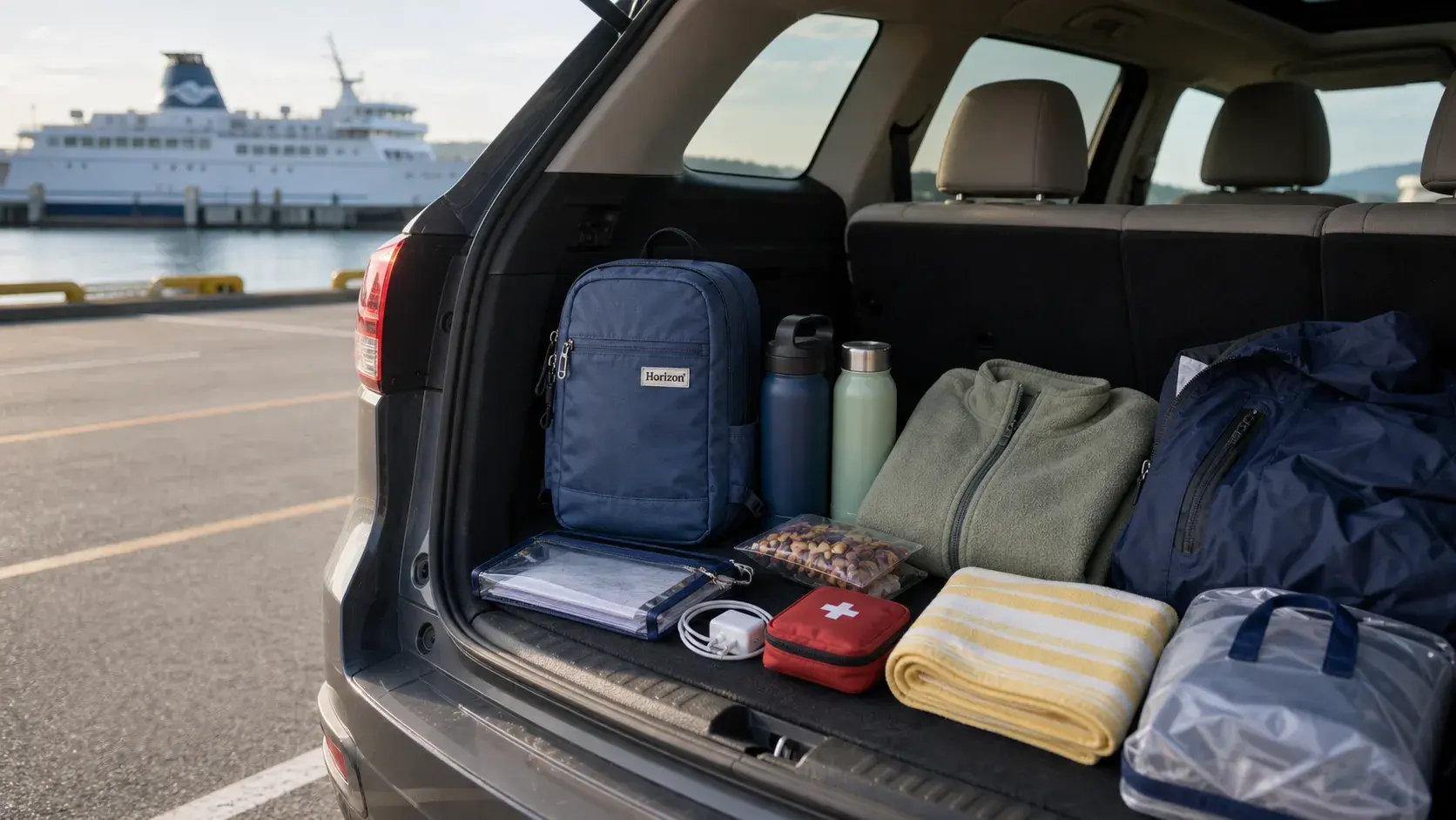 A ferry-day car trunk packed with a Horizon bag, water, snacks, layers and family travel essentials