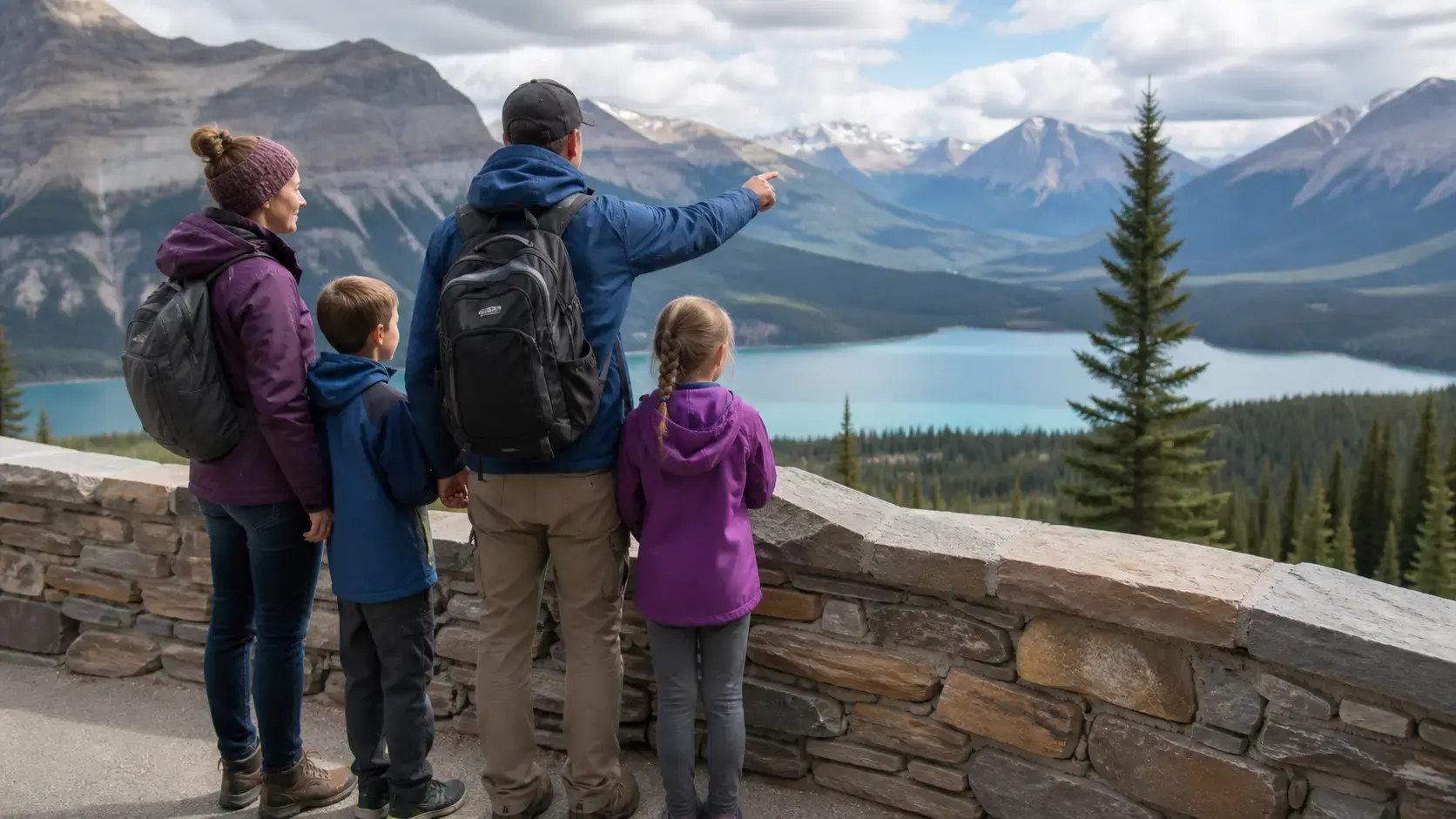 A family at a safe Canadian national park viewpoint with mountains, forest and a lake beyond