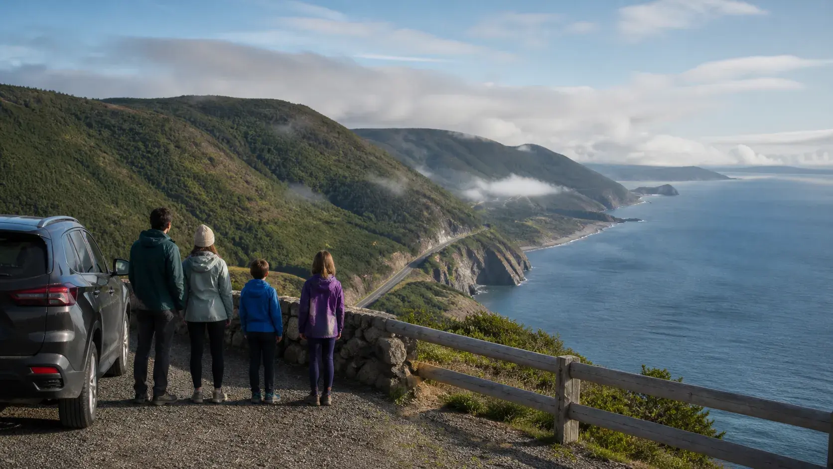 A family standing safely at a Cabot Trail coastal lookout beside a parked car with ocean cliffs and highlands beyond