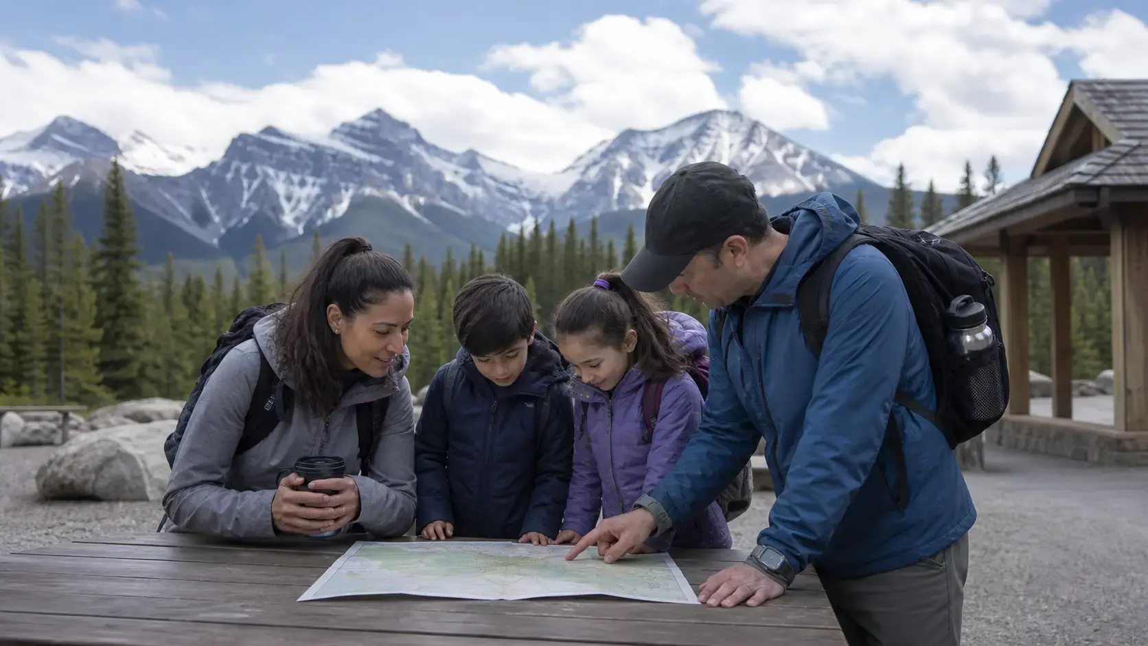 First-time visitors reviewing a map at a Canadian national park picnic table with mountains and forest beyond