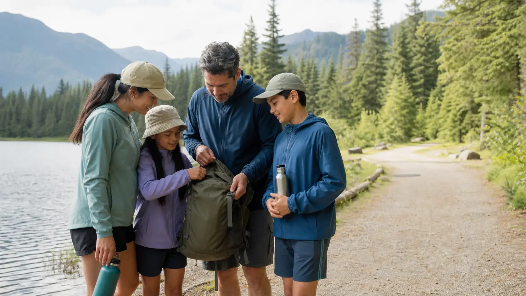 A family arranging light day bags beside a forested lakeshore