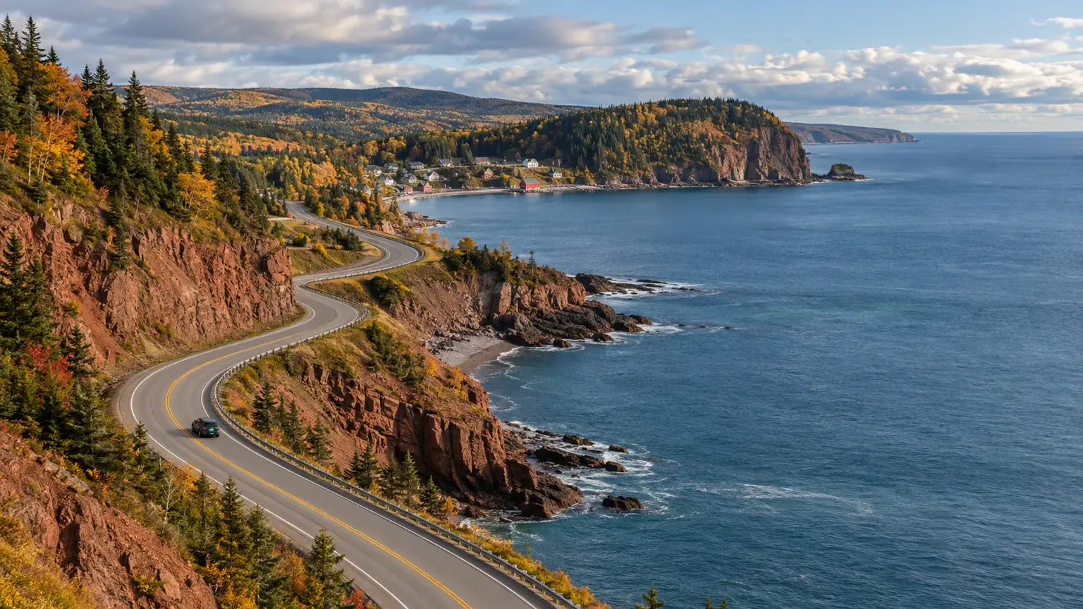 A small car follows Route 132 around a red-cliff Gaspé coast above the Gulf of St. Lawrence