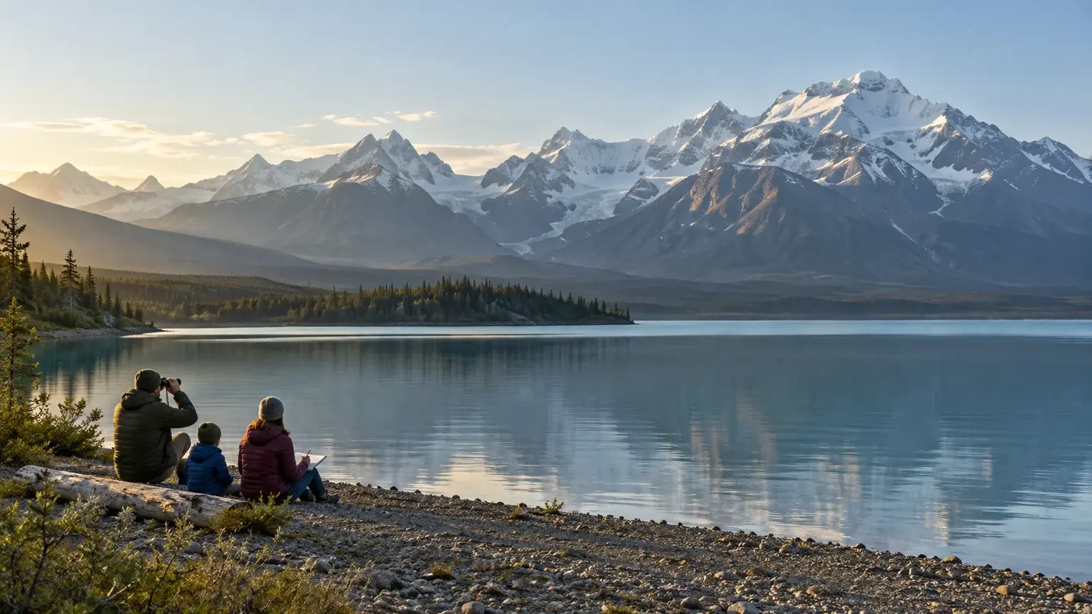 A family quietly studies the vast mountain landscape from a calm lakeshore in the Kluane region