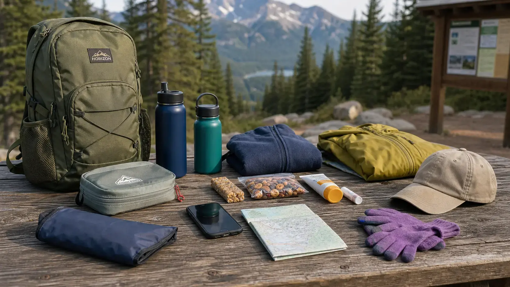 A Horizon day backpack with water, layers, snacks, first aid and map items arranged for a Canadian national park day