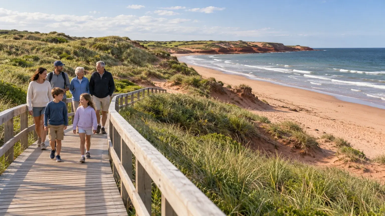 Editorial family group walking a maintained boardwalk beside PEI-style coastal dunes and beach