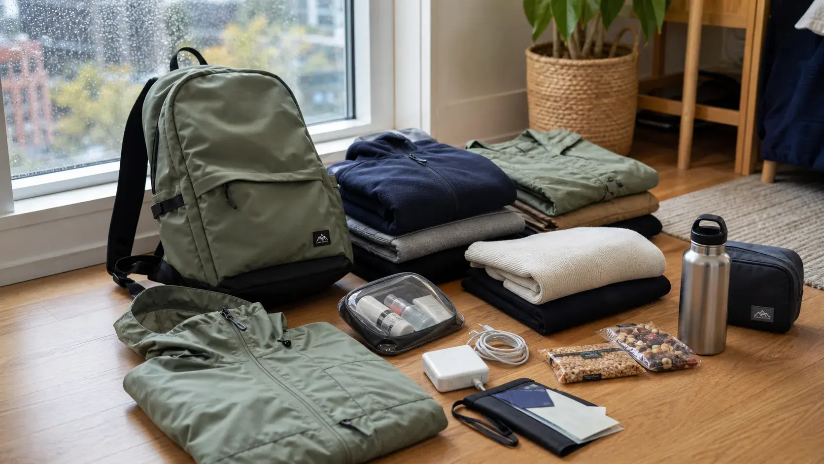 A student weekend bag with folded layers, toiletries, snacks, charger and water bottle arranged near a rainy city window