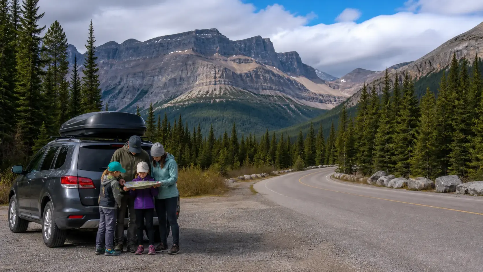 A family reviewing a map beside a car at a safe Canadian national park roadside pullout