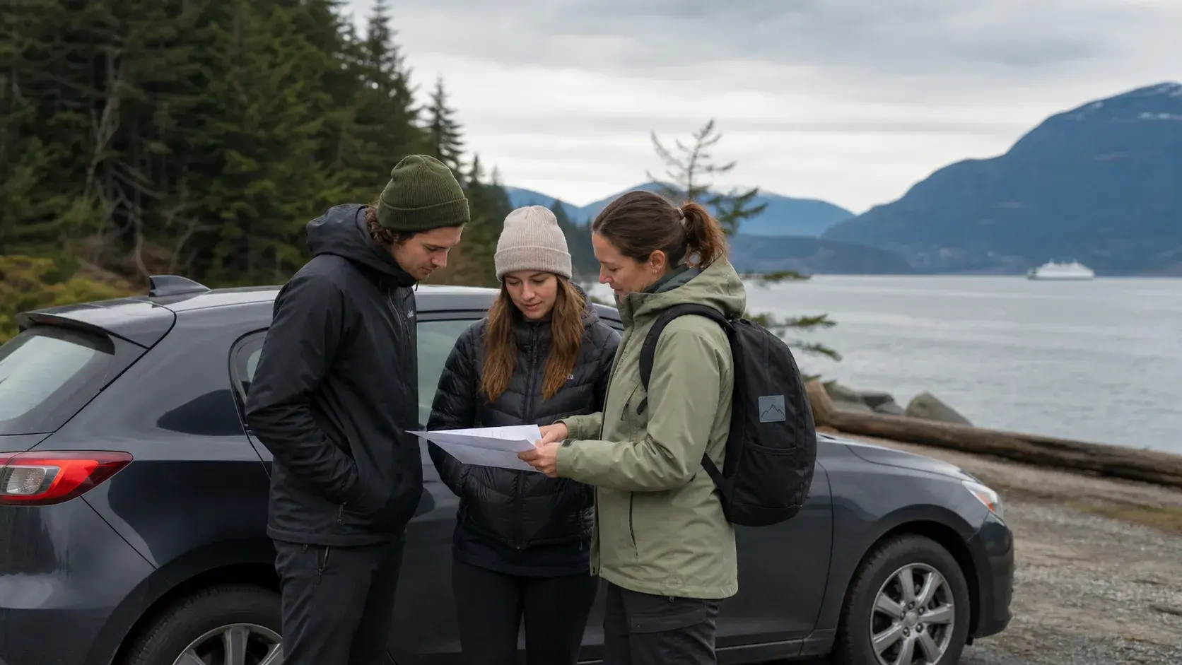 Travellers reviewing a map beside a parked car at a coastal viewpoint near Vancouver