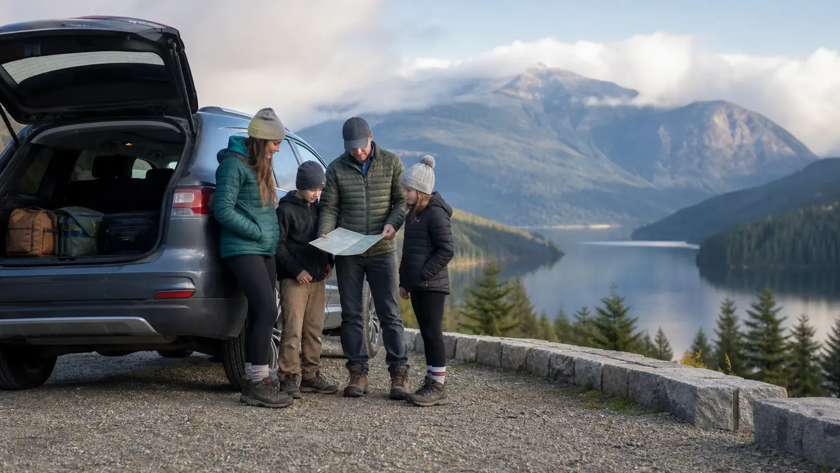 A family vehicle parked safely at a British Columbia scenic viewpoint with mountains, forest and water beyond