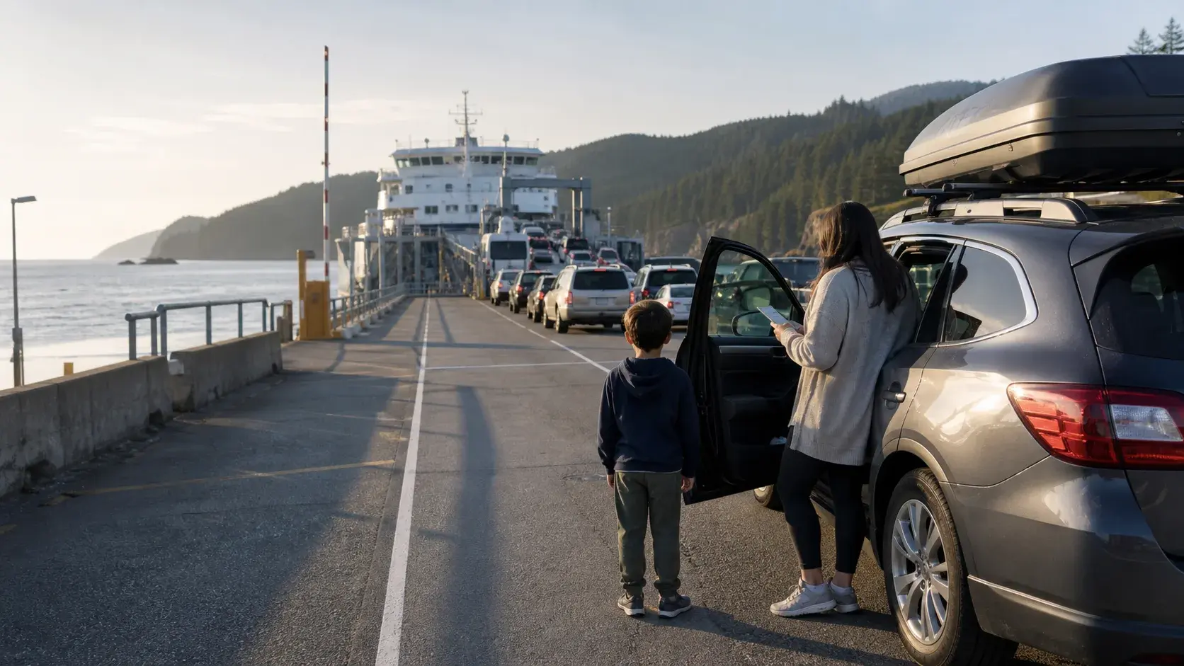 A family checking ferry details beside a vehicle at a coastal Vancouver Island ferry terminal