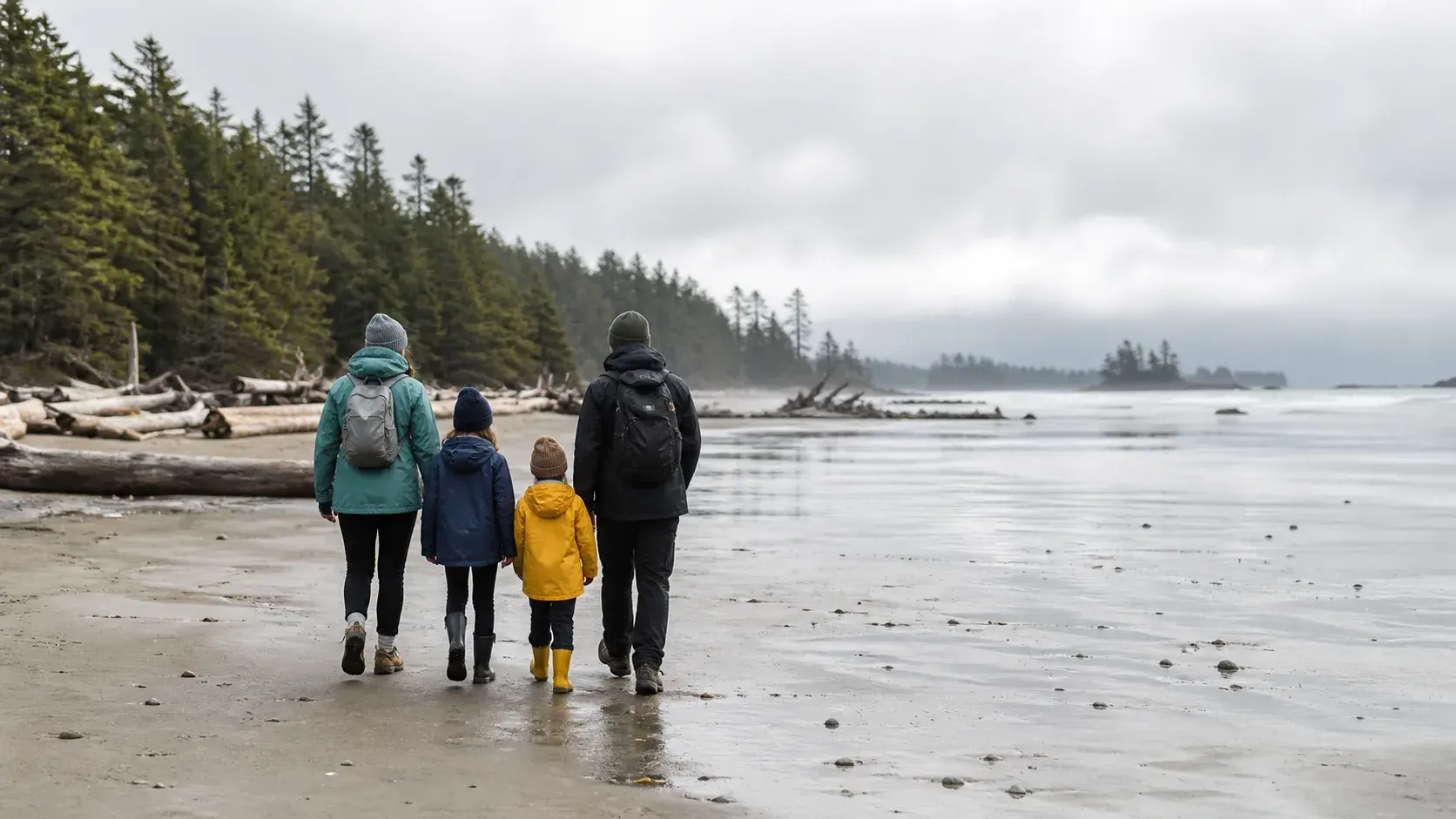 A family walking on a misty Pacific Rim beach during a Vancouver to Tofino road trip