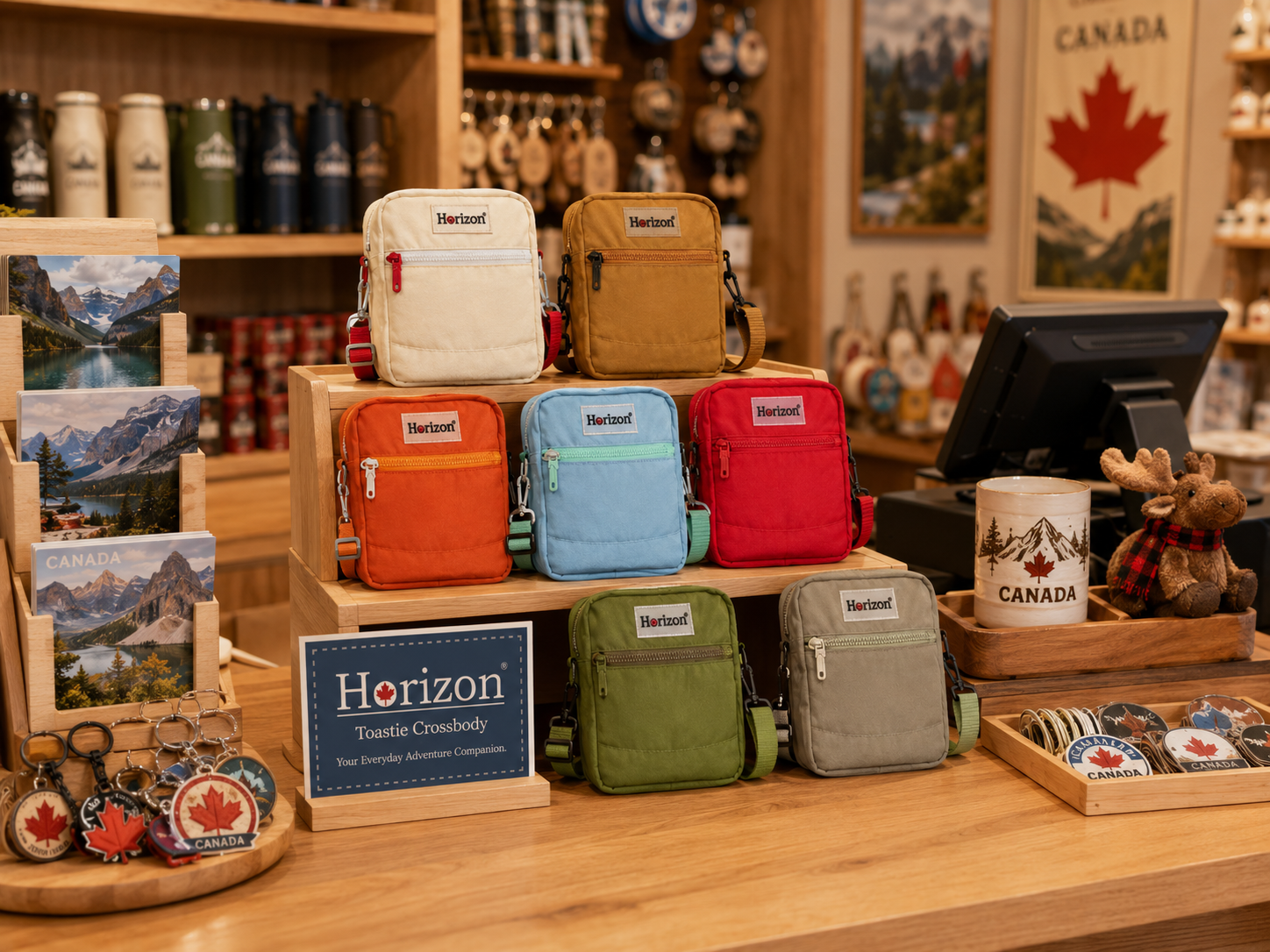 Horizon Toastie Crossbody Bags arranged on a countertop display with souvenir accessories