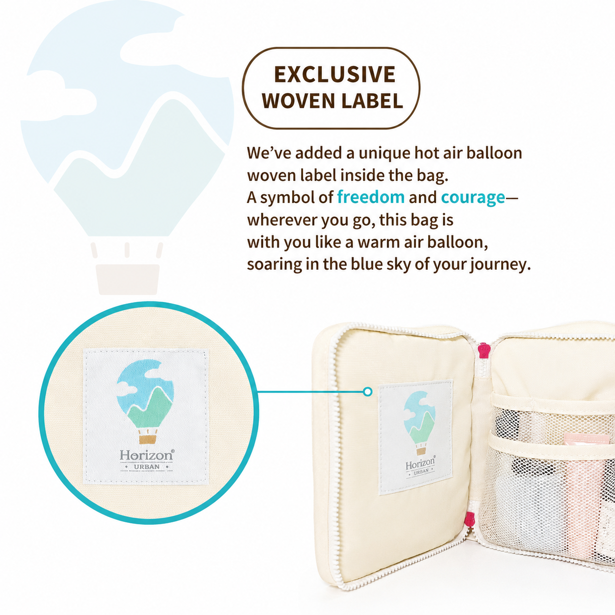 Inside view of the Horizon Toastie Crossbody Bag showing the woven label and internal mesh organizer